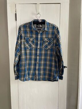 The North Face Men’s Blue Plaid Flannel Shirt - 100% Cotton - Size M